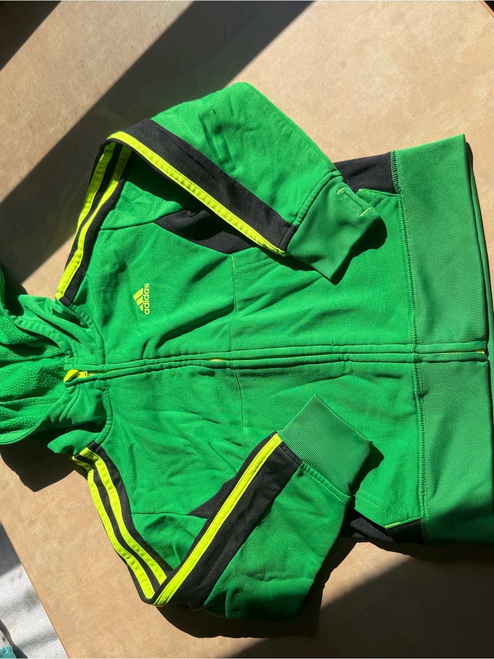 Adidas Green Hoodie Jacket with Neon Yellow and Black Stripes size 5 has holes